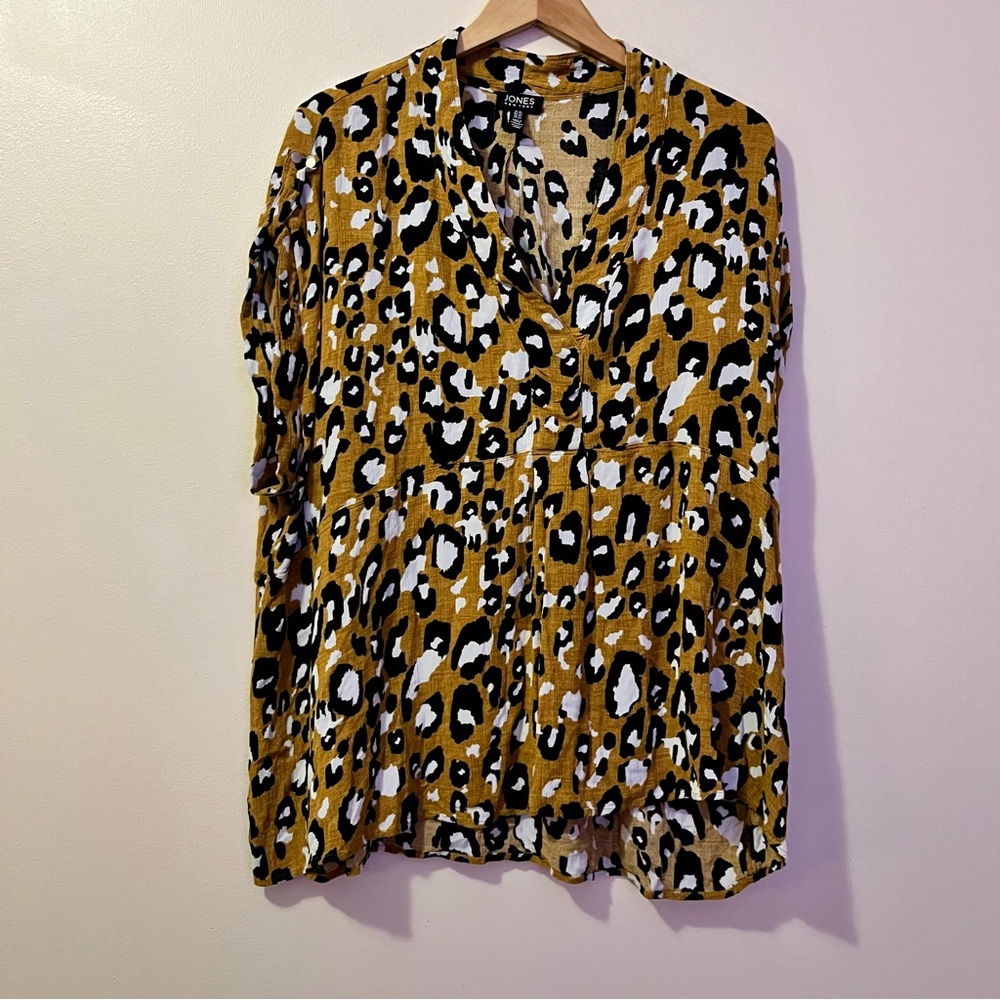 Jones New York Leopard Print Blouse 2X Mustard Animal Print Split Neck High Low